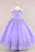 Floral Embroidery Embellished Cut-Away Shoulder Kids Dress-4