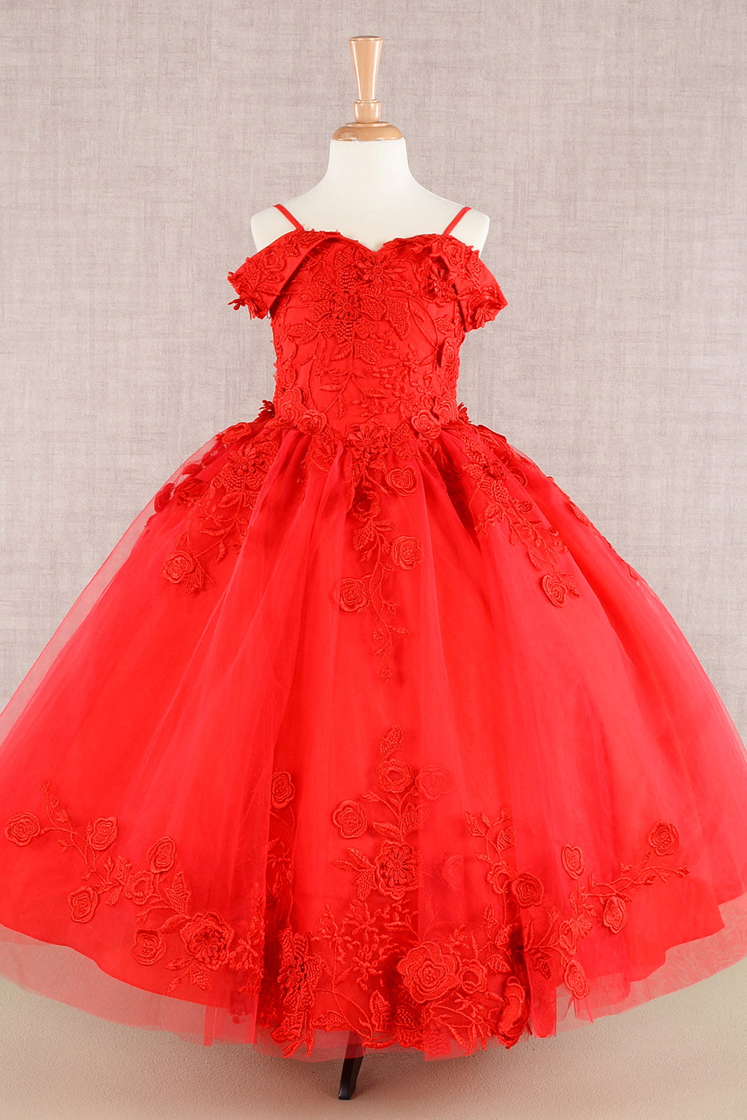 Floral Embroidery Embellished Cut-Away Shoulder Kids Dress-5