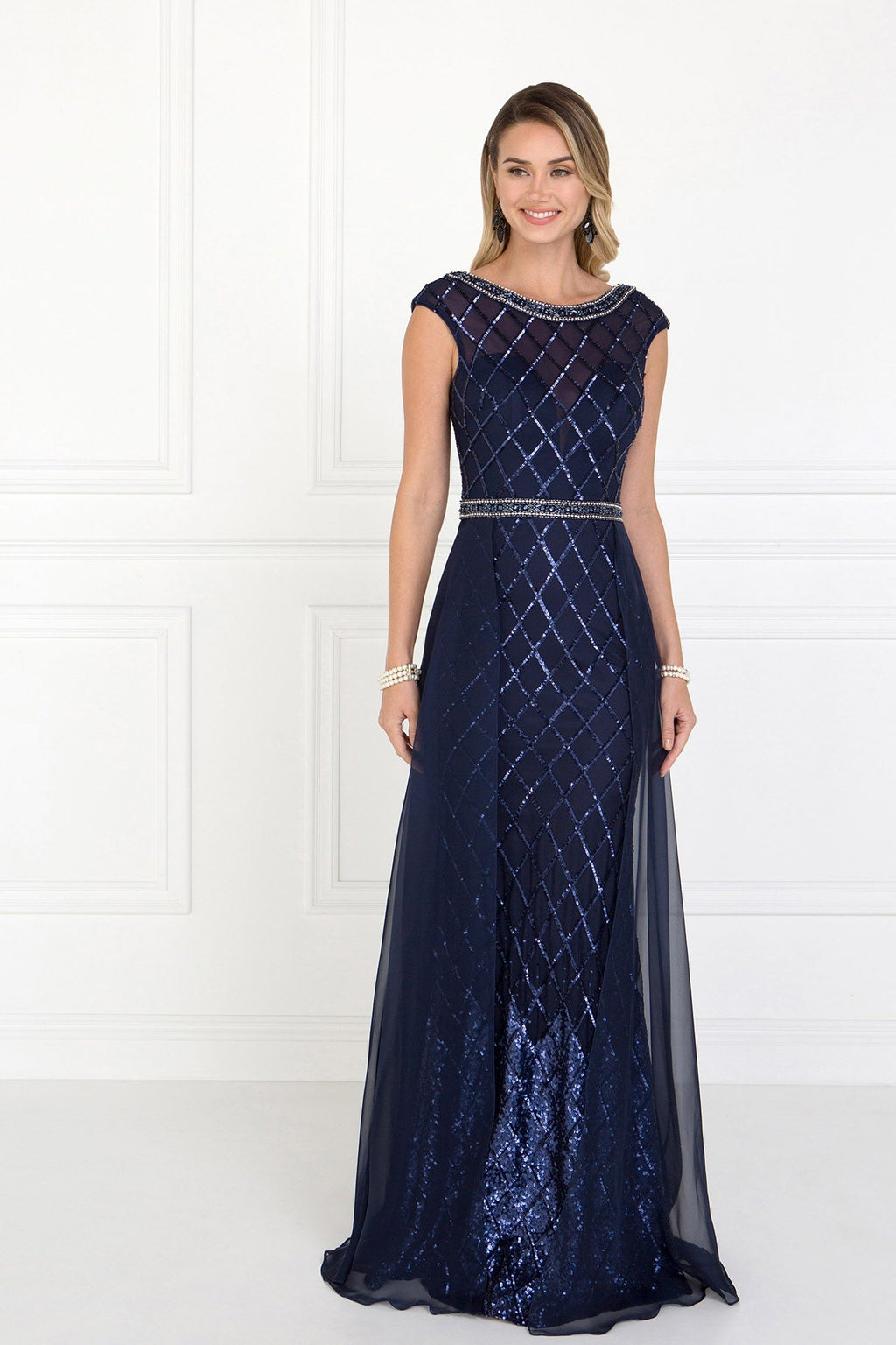 Chiffon Empire Long Dress with Jewels and Chiffon Overlay-0