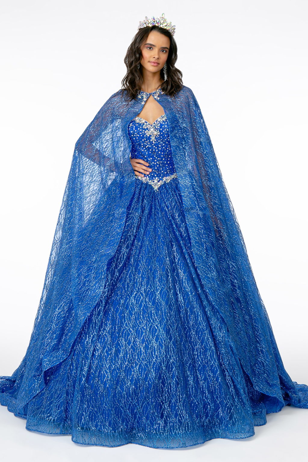 Jewel Embellished Bodice Glitter Mesh Ball Gown w/ Glitter Mesh Cape-1