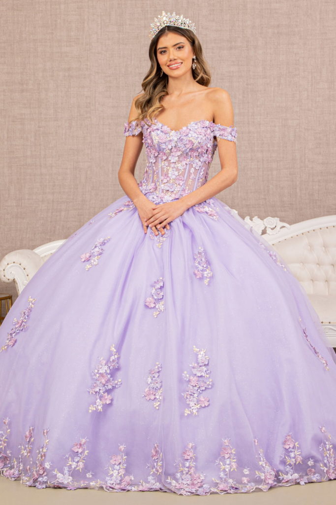 3-D Flower Applique Jewel Mesh Quinceanera Gown w/ Long Tail-5
