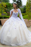 Floral Glitter Pattern 3-D Butterfly Applique Mesh Quinceanera Dress w/ Detachable Mesh Cape-0
