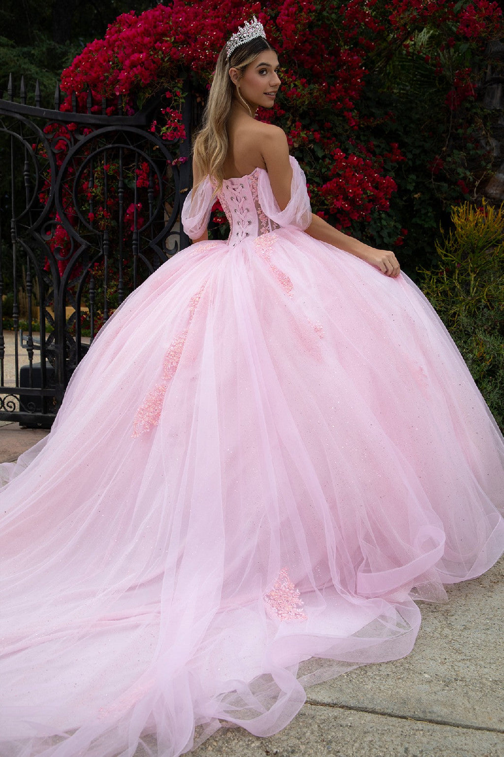 Sheer Bodice Lace Embellished Glittet Mesh Sweetheart Quinceanera Dress-4