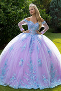 3D Floral Applique Embellished Cut-Away Shoulder Quinceanera Dress w/ Long Mesh Sleeve-0