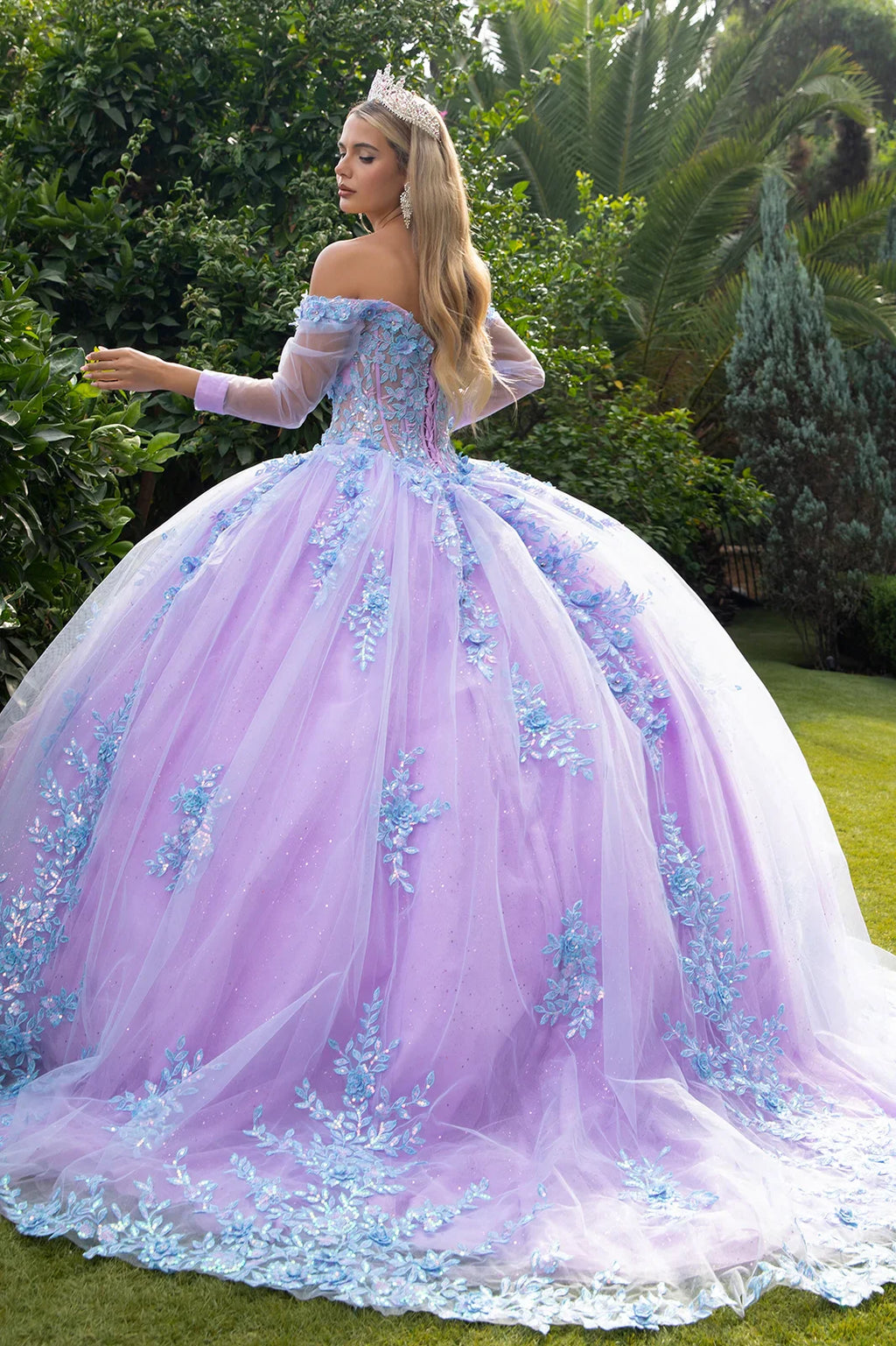 3D Floral Applique Embellished Cut-Away Shoulder Quinceanera Dress w/ Long Mesh Sleeve-1