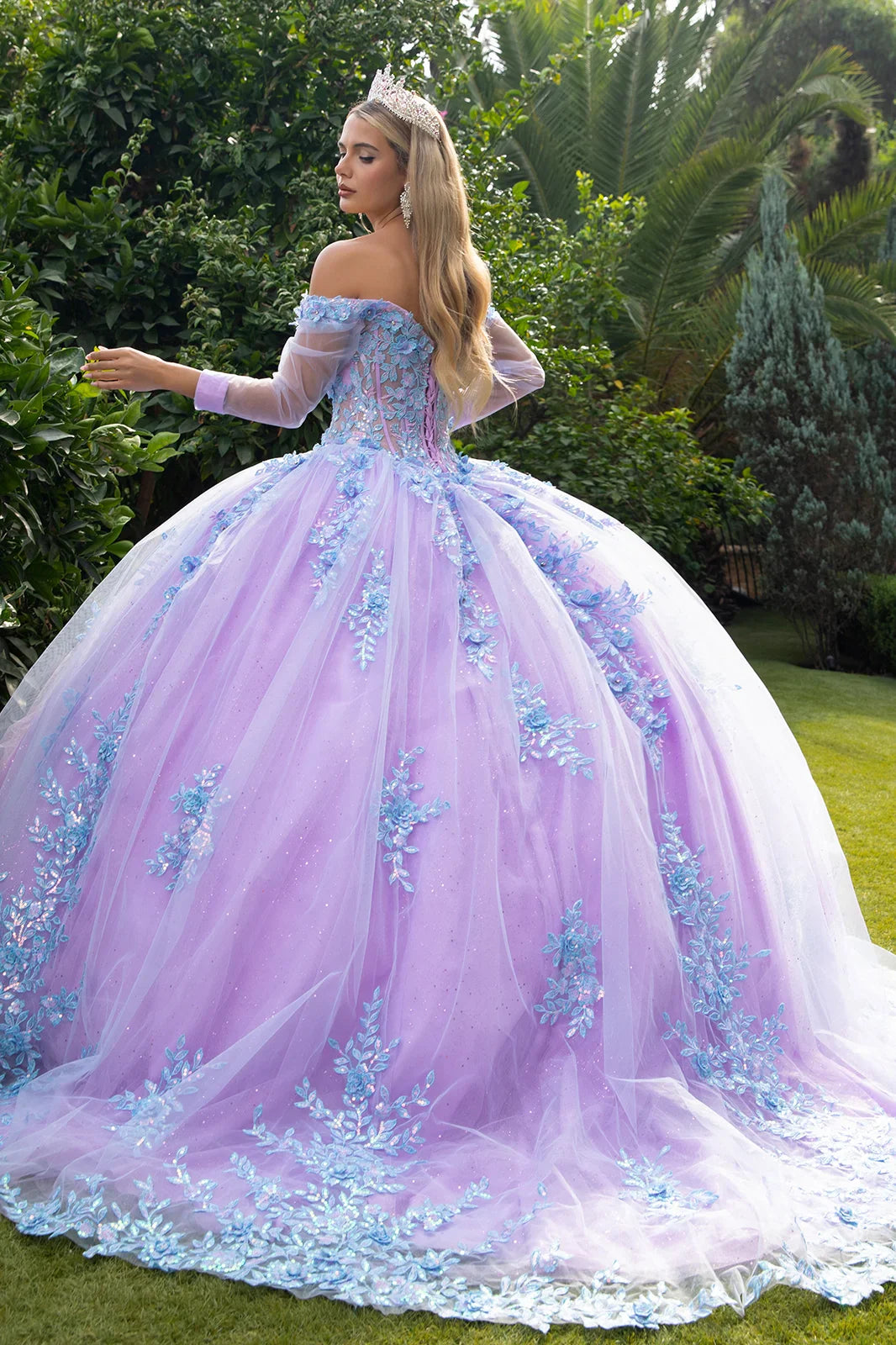 3D Floral Applique Embellished Cut-Away Shoulder Quinceanera Dress w/ Long Mesh Sleeve-1