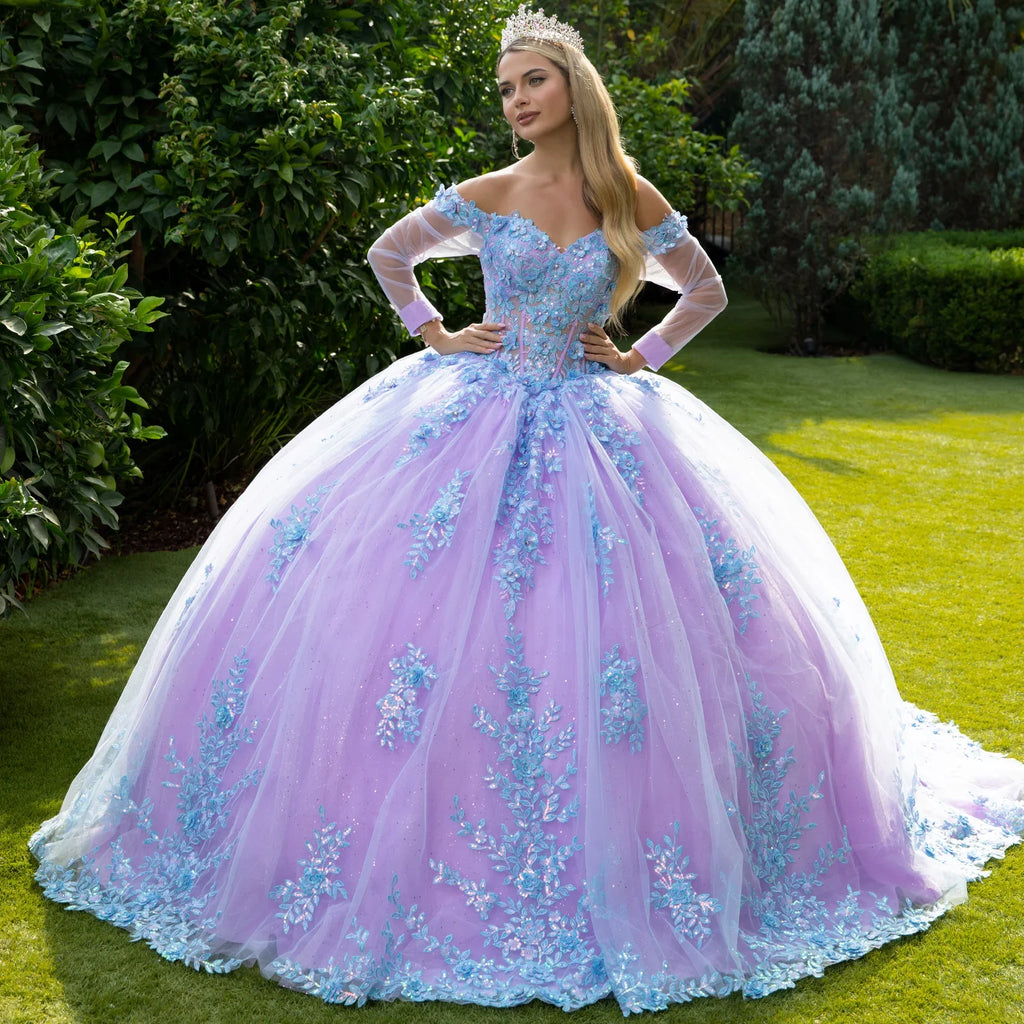 3D Floral Applique Embellished Cut-Away Shoulder Quinceanera Dress w/ Long Mesh Sleeve-2