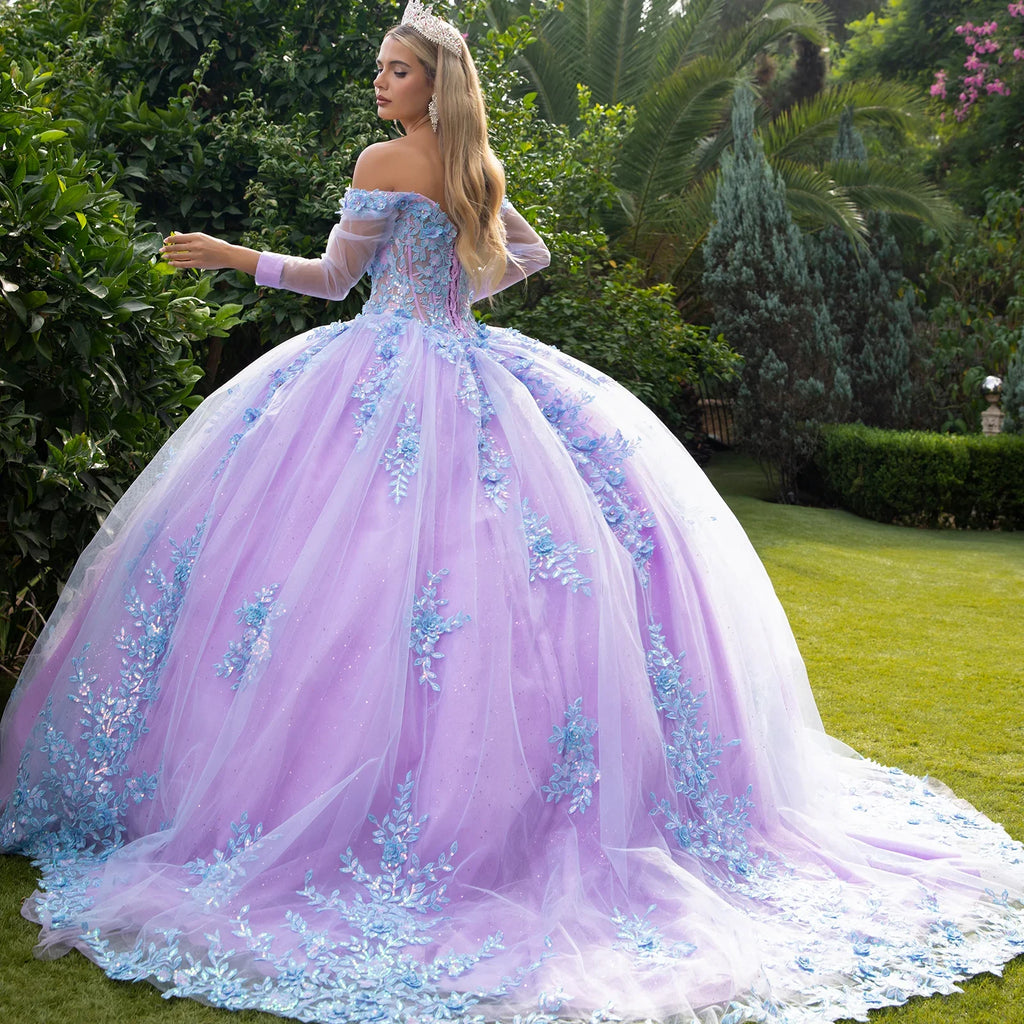 3D Floral Applique Embellished Cut-Away Shoulder Quinceanera Dress w/ Long Mesh Sleeve-3