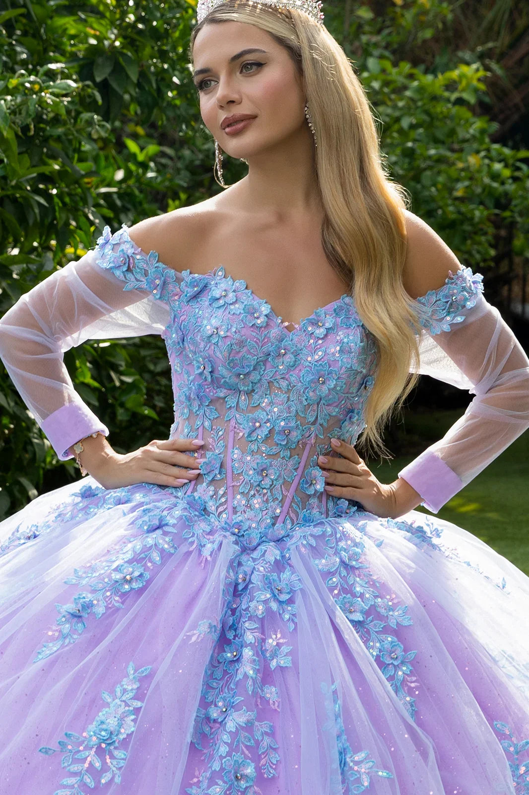3D Floral Applique Embellished Cut-Away Shoulder Quinceanera Dress w/ Long Mesh Sleeve-4