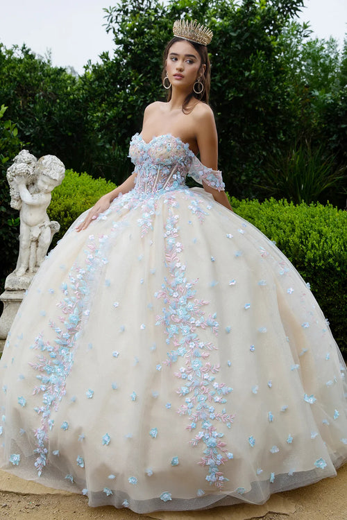 Beads Embellished Glitter Print Sweetheart Quinceanera Dress w/ detachable puff sleeve-0