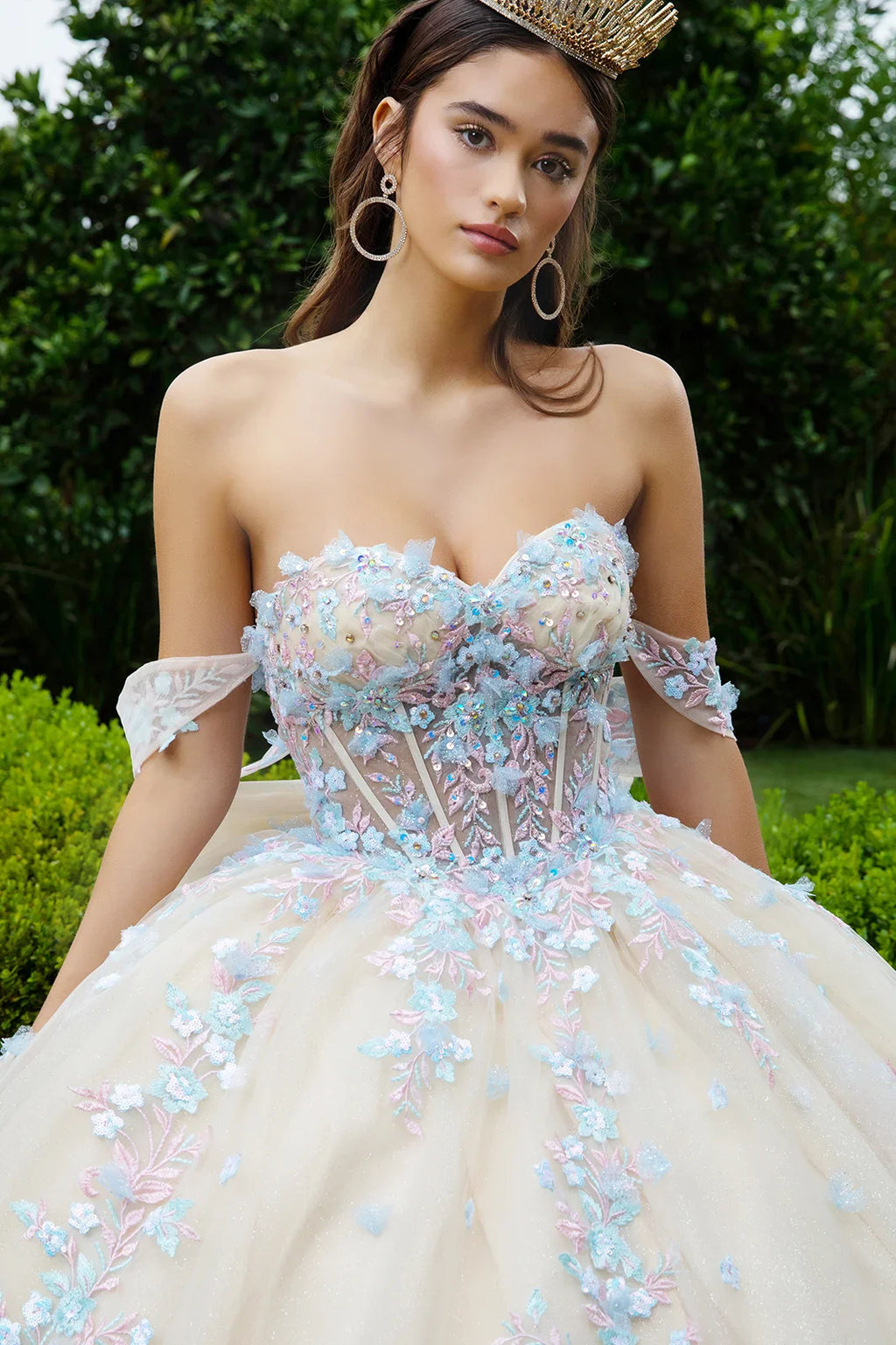 Beads Embellished Glitter Print Sweetheart Quinceanera Dress w/ detachable puff sleeve-2