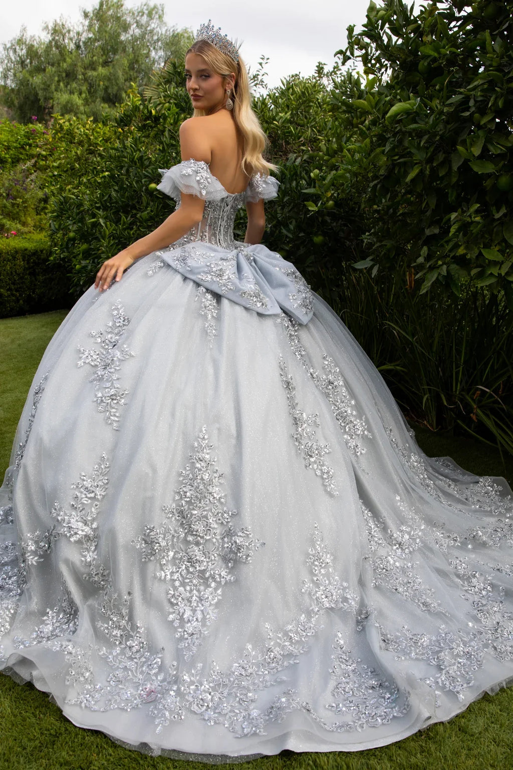 Embroidery Embellished Glitter Mesh Quinceanera Dress W Detachable Bow-1