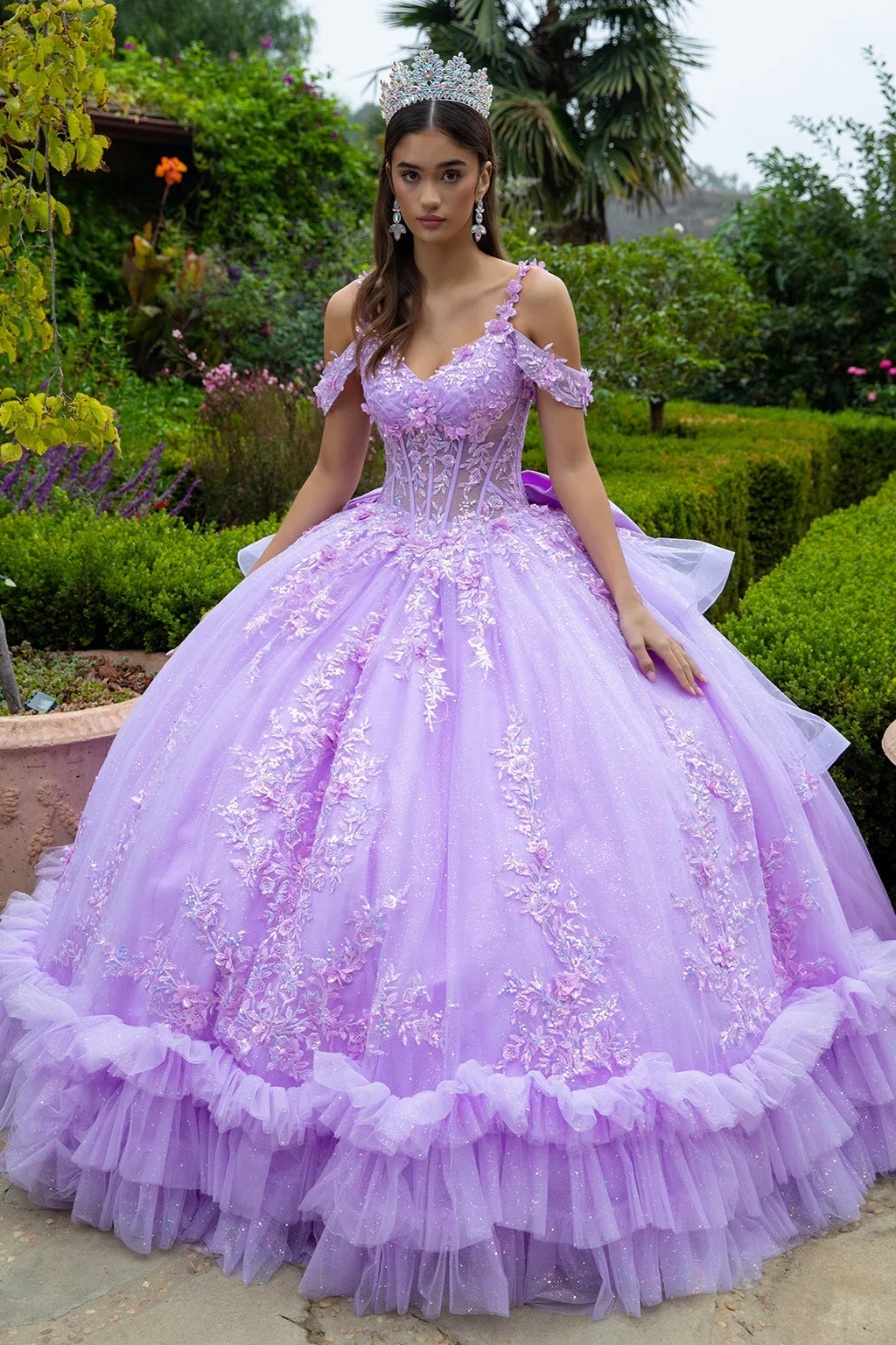 3d Flower Applique Embellished Cold Shoulder Layered Back Tiered Ruffle Hem W Detachable Back Bow-0
