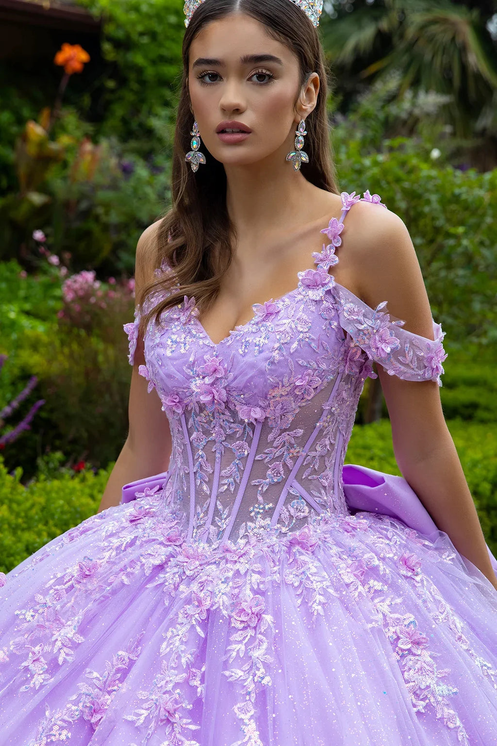 3d Flower Applique Embellished Cold Shoulder Layered Back Tiered Ruffle Hem W Detachable Back Bow-2