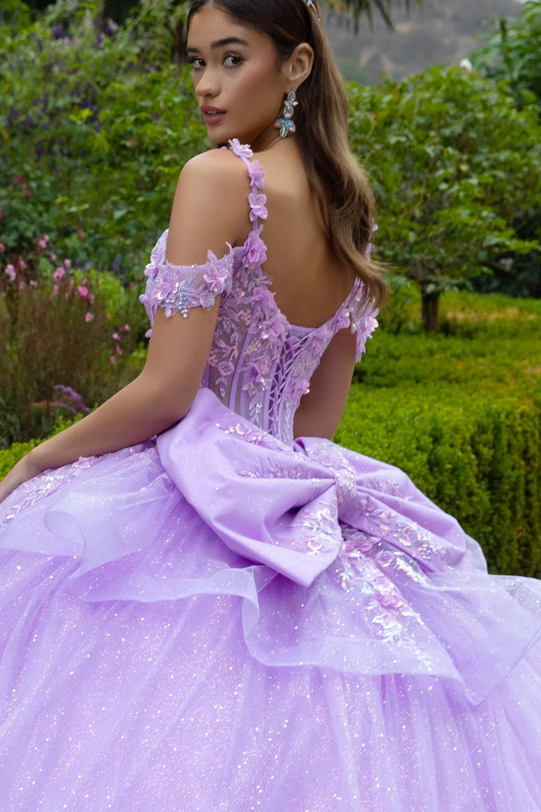 3d Flower Applique Embellished Cold Shoulder Layered Back Tiered Ruffle Hem W Detachable Back Bow-3