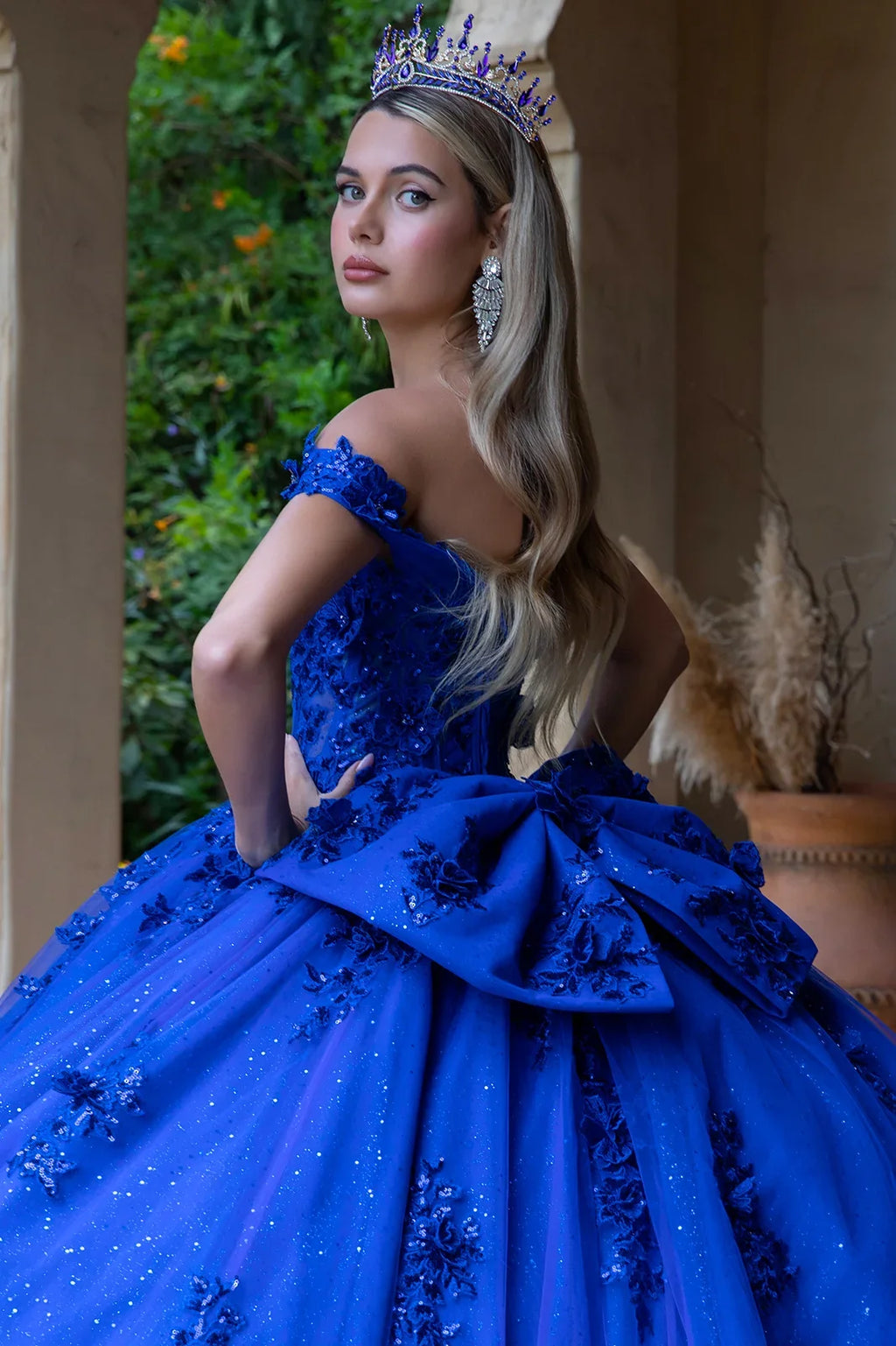 3d Flower Applique Embellished Off Shoulder Corset Glitter Underlayer Dress With Detachable Back Bow-3