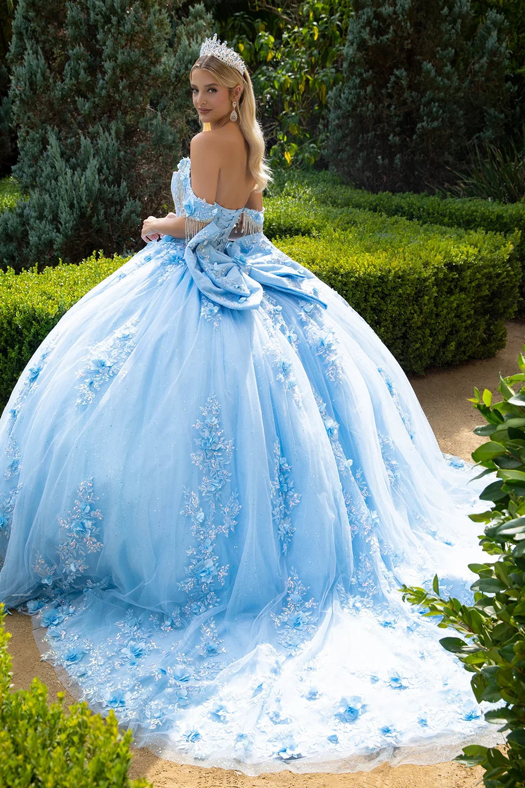 Chandelier Beading Accented Floral Embroidered Glitter Mesh Quinceanera Dress With Back Bows-1