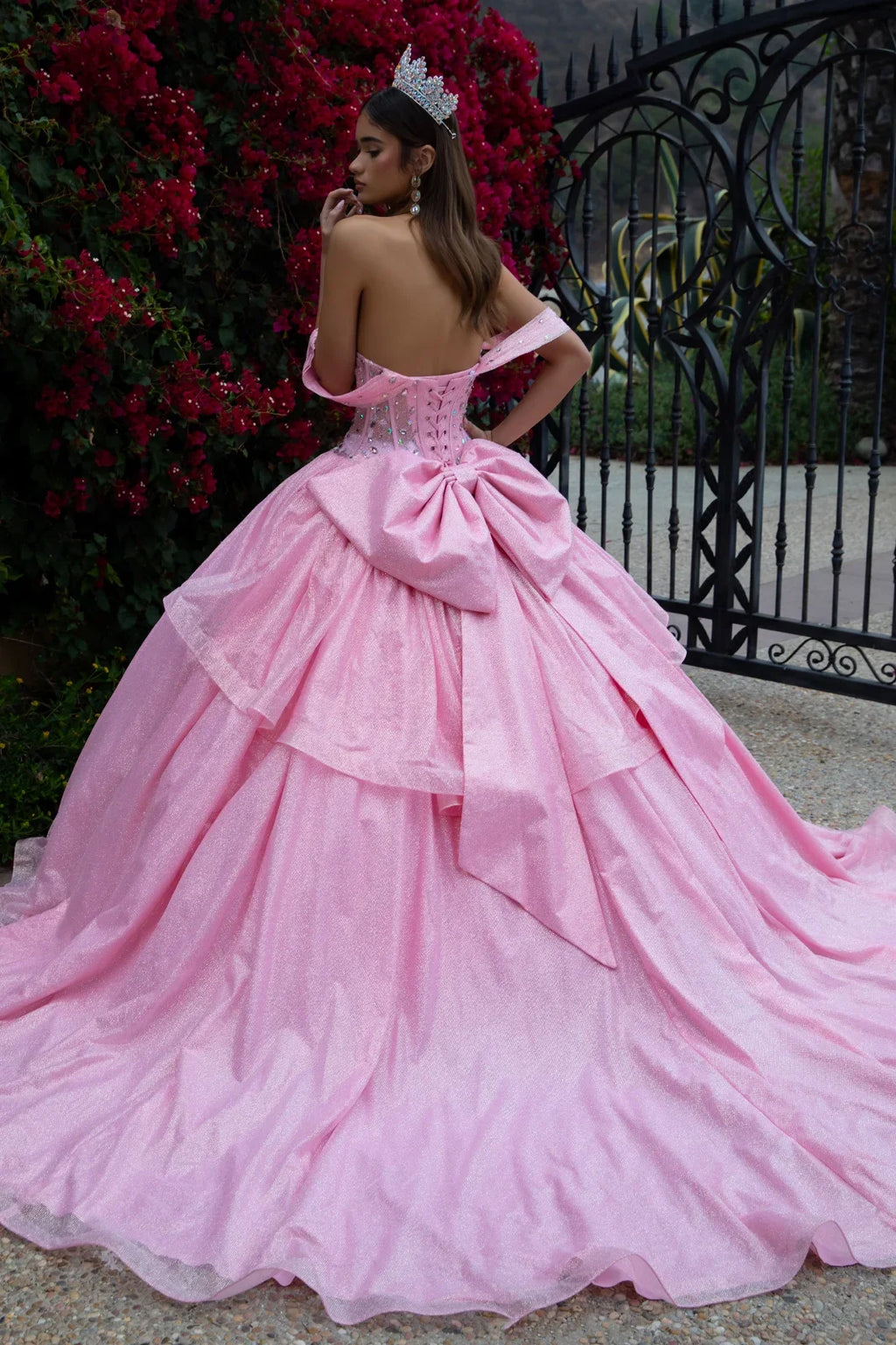 Off Shoulder Bejeweled Corset Back Ruffle Embellished Glitter Netting Dress With Detachable Back Bow-1