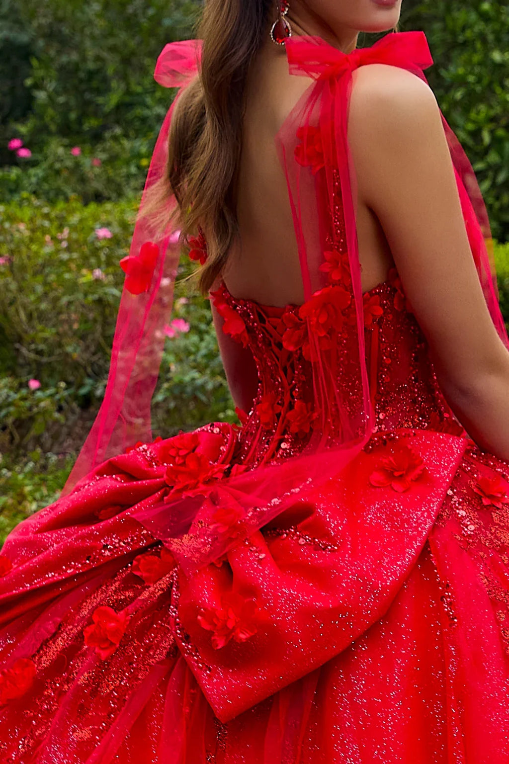 3d Flower Applique Embellished Tie Shoulder Strap Dress With Detachable Back Bow-3