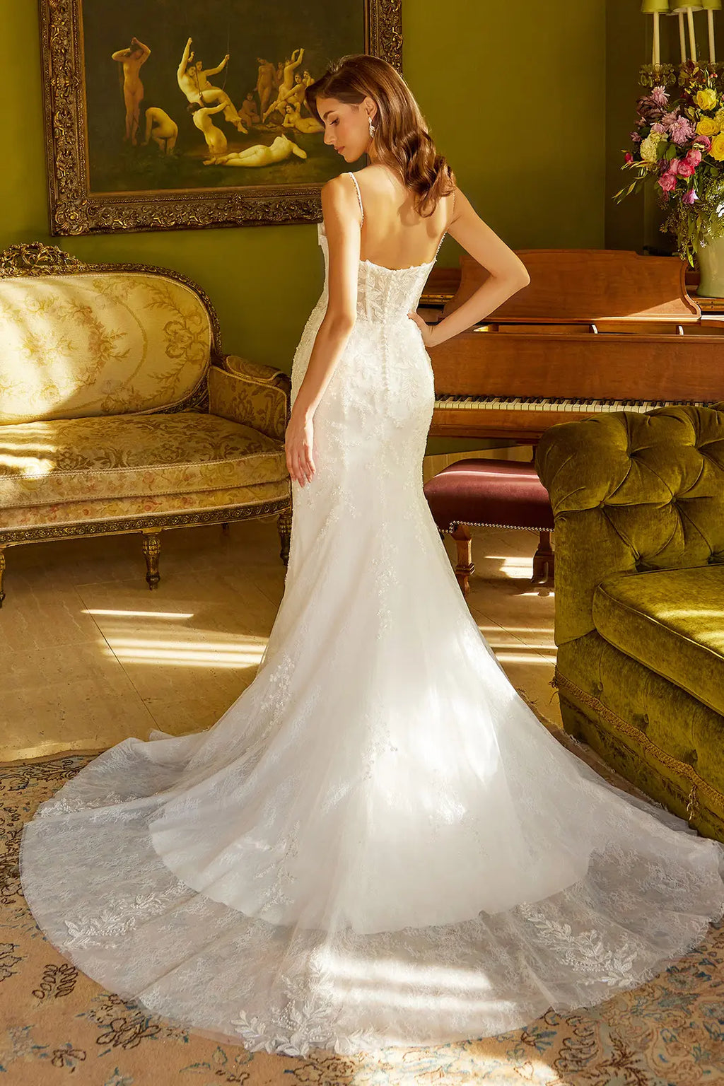 Wedding Dress With Corset, V-Neck And Bodice With Thin Straps, Trumpet Cut-1