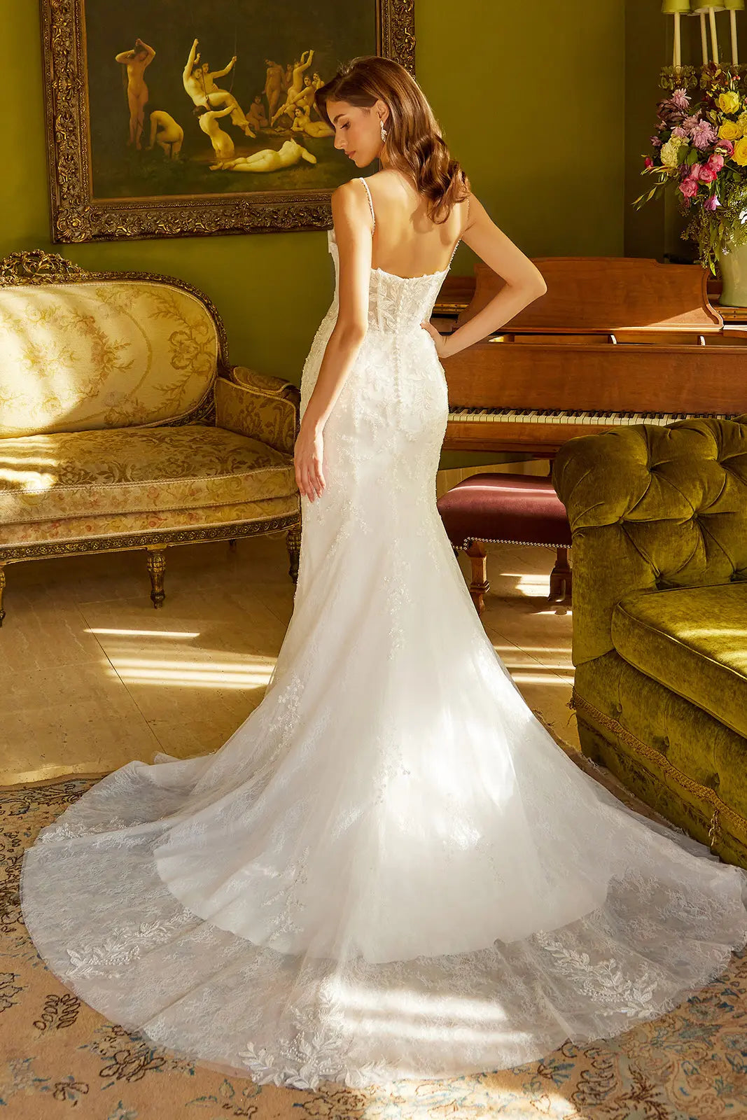 Wedding Dress With Corset, V-Neck And Bodice With Thin Straps, Trumpet Cut-1