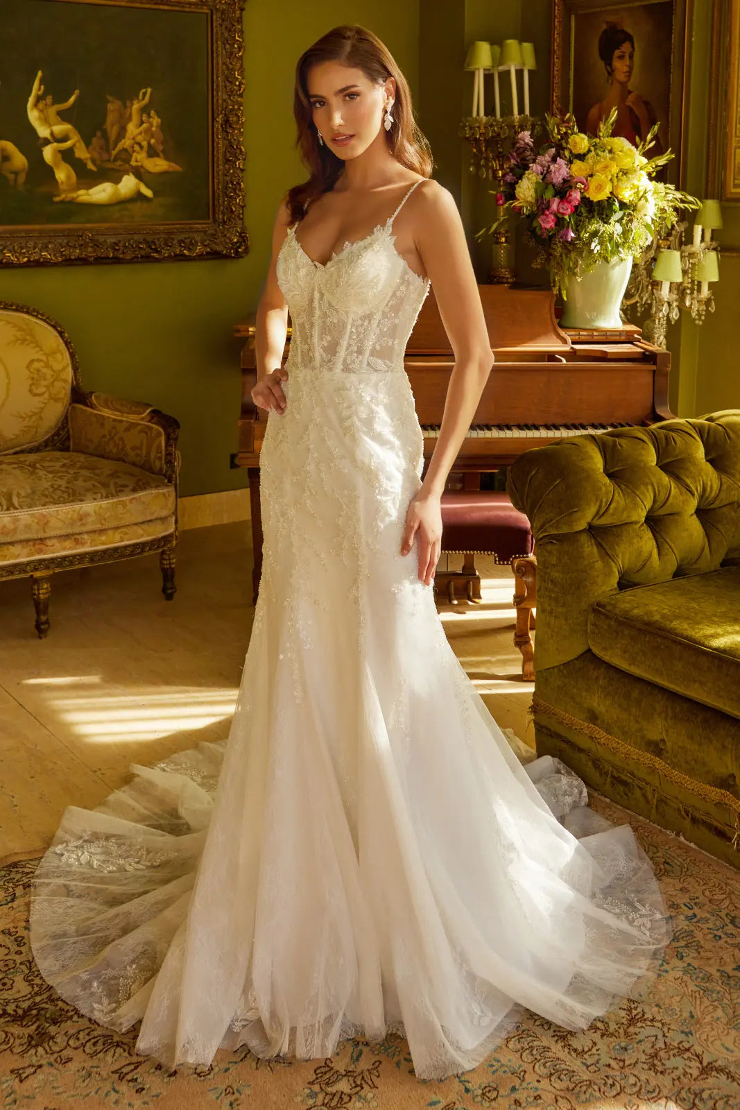 Wedding Dress With Corset, V-Neck And Bodice With Thin Straps, Trumpet Cut-2