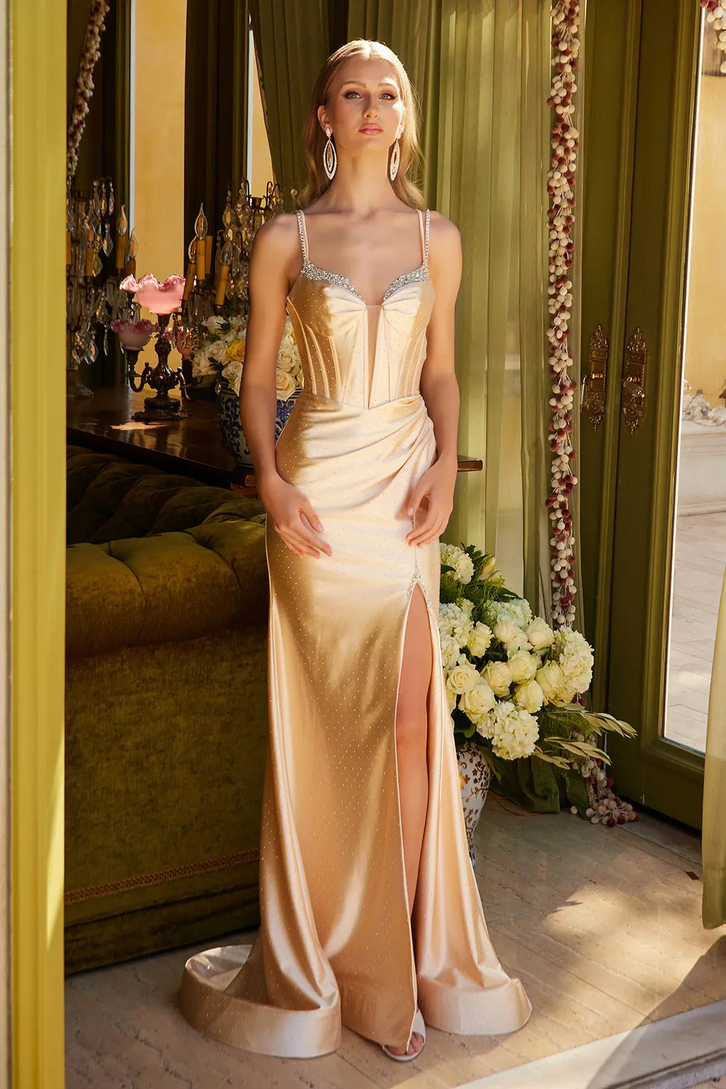 Embellished Double Spaghetti Strap Lace Up Corset Jewel Accent Stiff Hem Ruch Detail Dress With Slit-0
