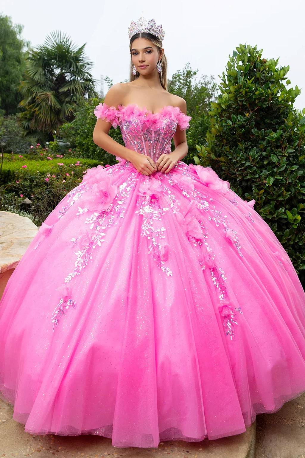 3d Flower Applique Sequin Embellished Bejeweled Corset With Detachable Back Bow Train-0