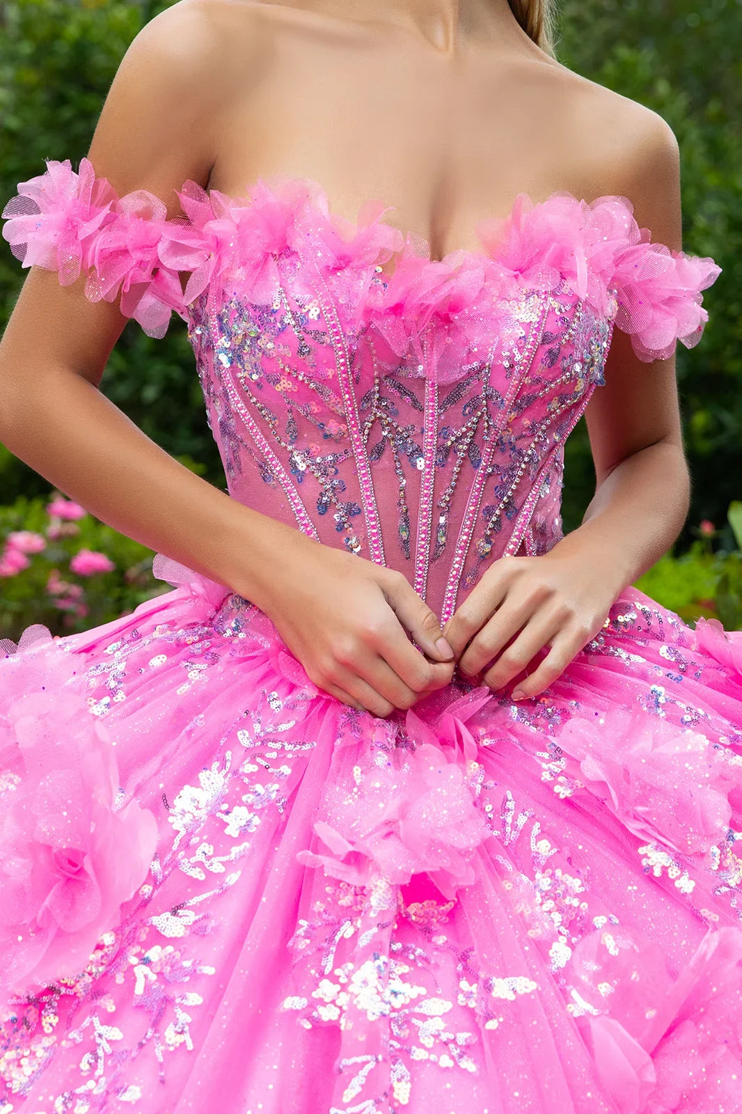3d Flower Applique Sequin Embellished Bejeweled Corset With Detachable Back Bow Train-3