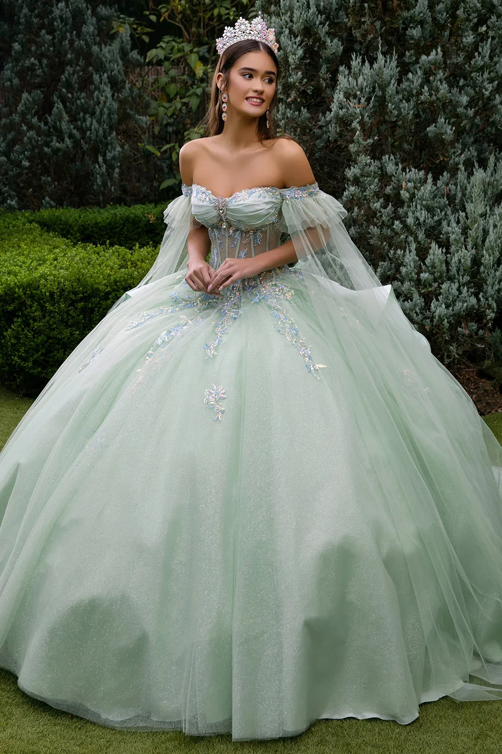 Cape Sleeve Embellished Dress With Back Ruffle And Detachable Back Bow-0