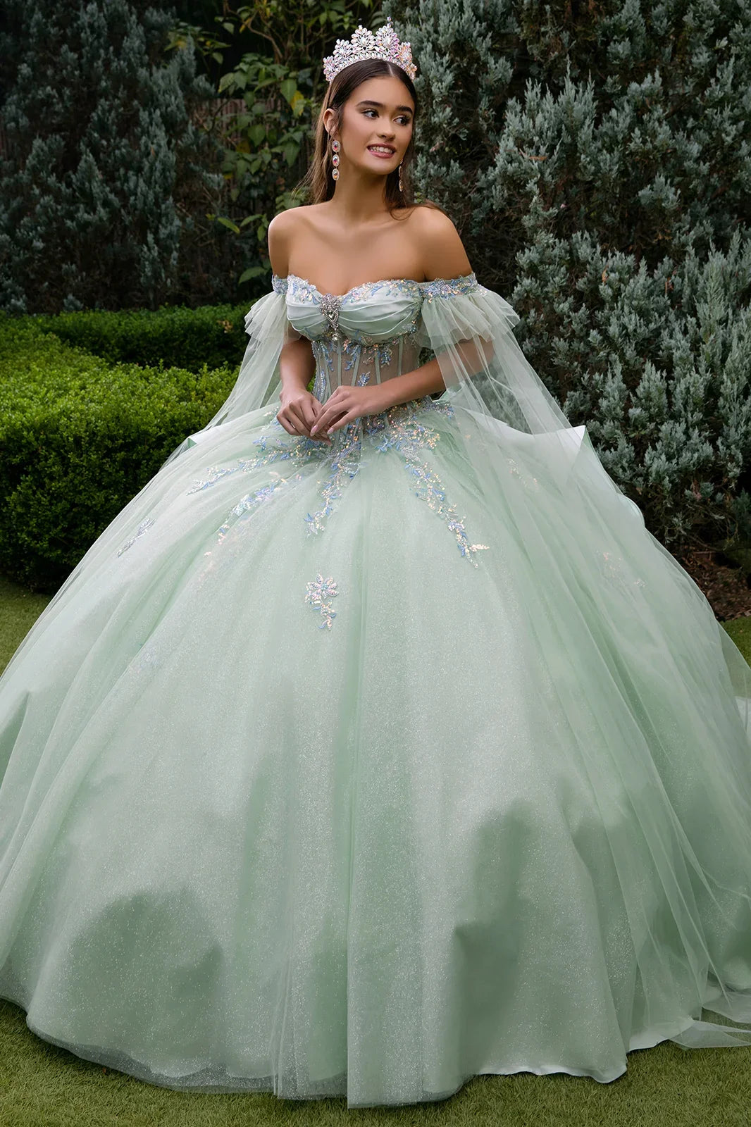 Cape Sleeve Embellished Dress With Back Ruffle And Detachable Back Bow-0
