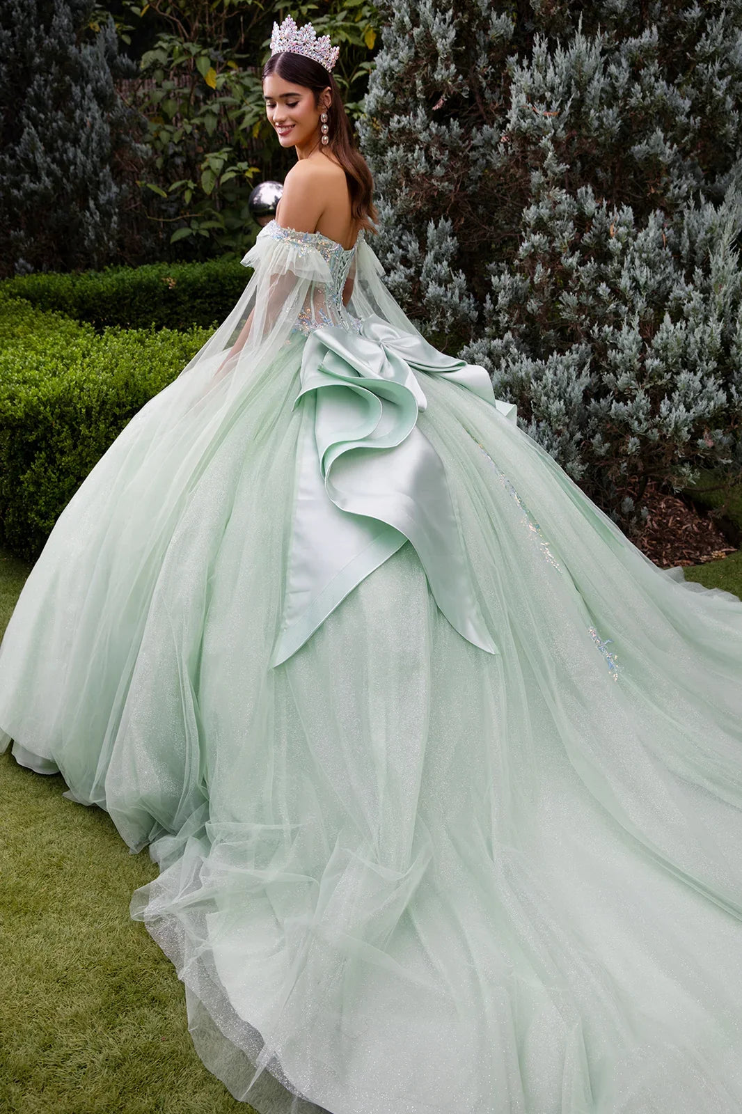 Cape Sleeve Embellished Dress With Back Ruffle And Detachable Back Bow-1