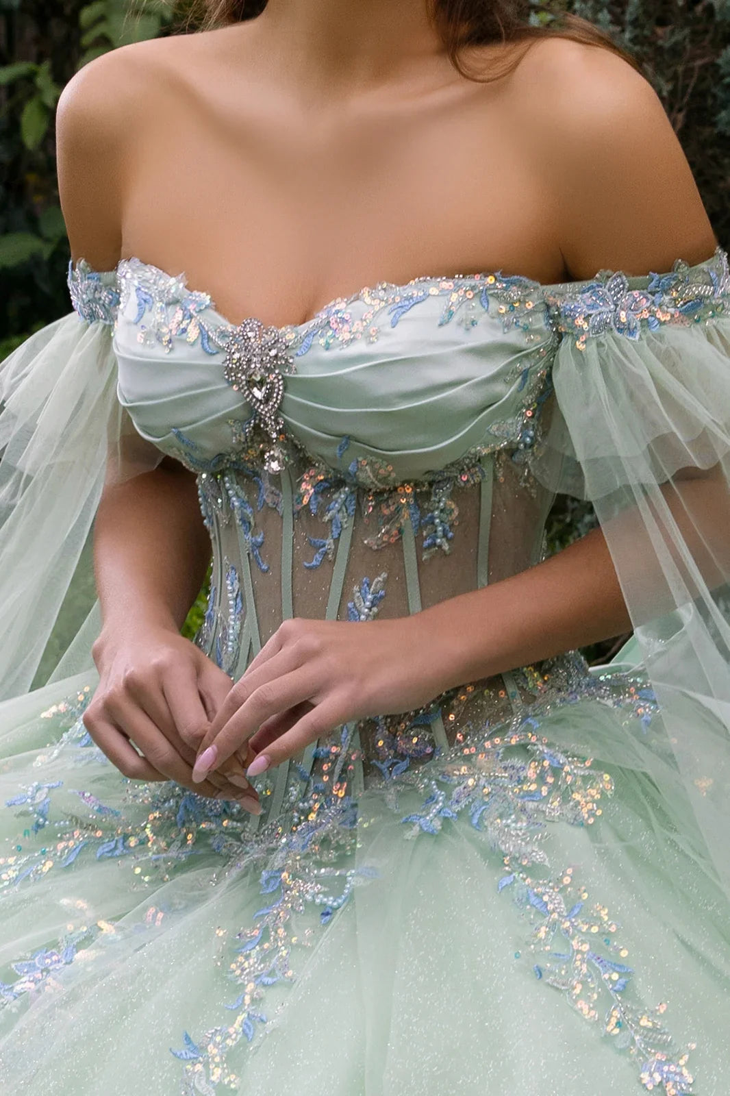 Cape Sleeve Embellished Dress With Back Ruffle And Detachable Back Bow-2