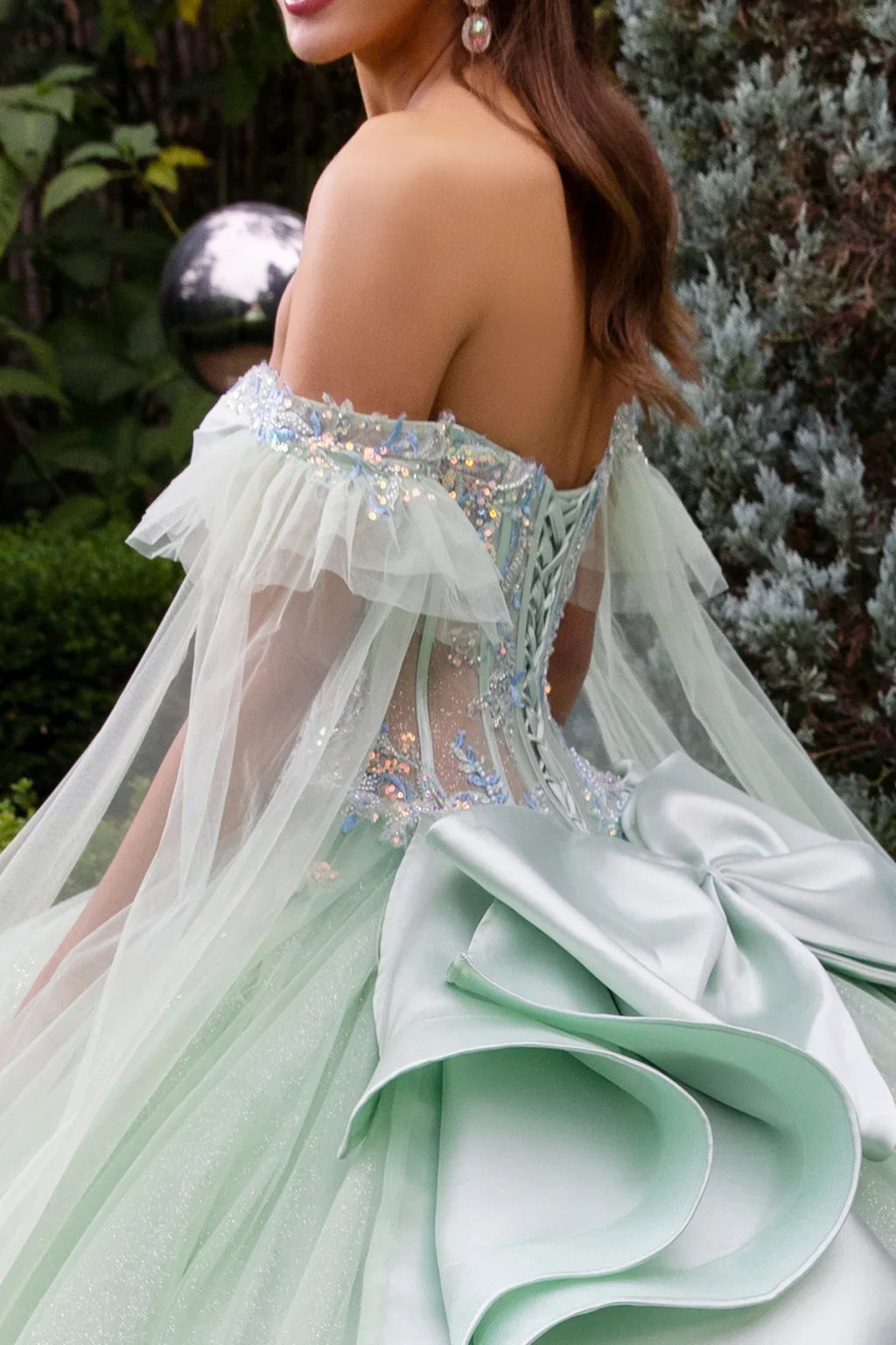 Cape Sleeve Embellished Dress With Back Ruffle And Detachable Back Bow-3