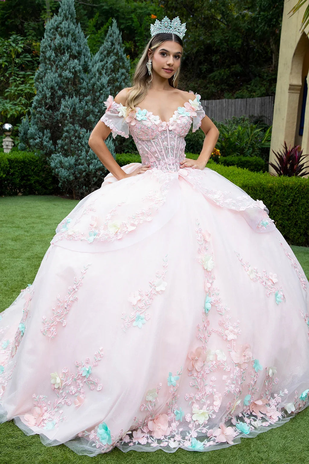 3d Flower Applique Embellished Train Dress With Waist Ruffle Detachable Back Bow-0