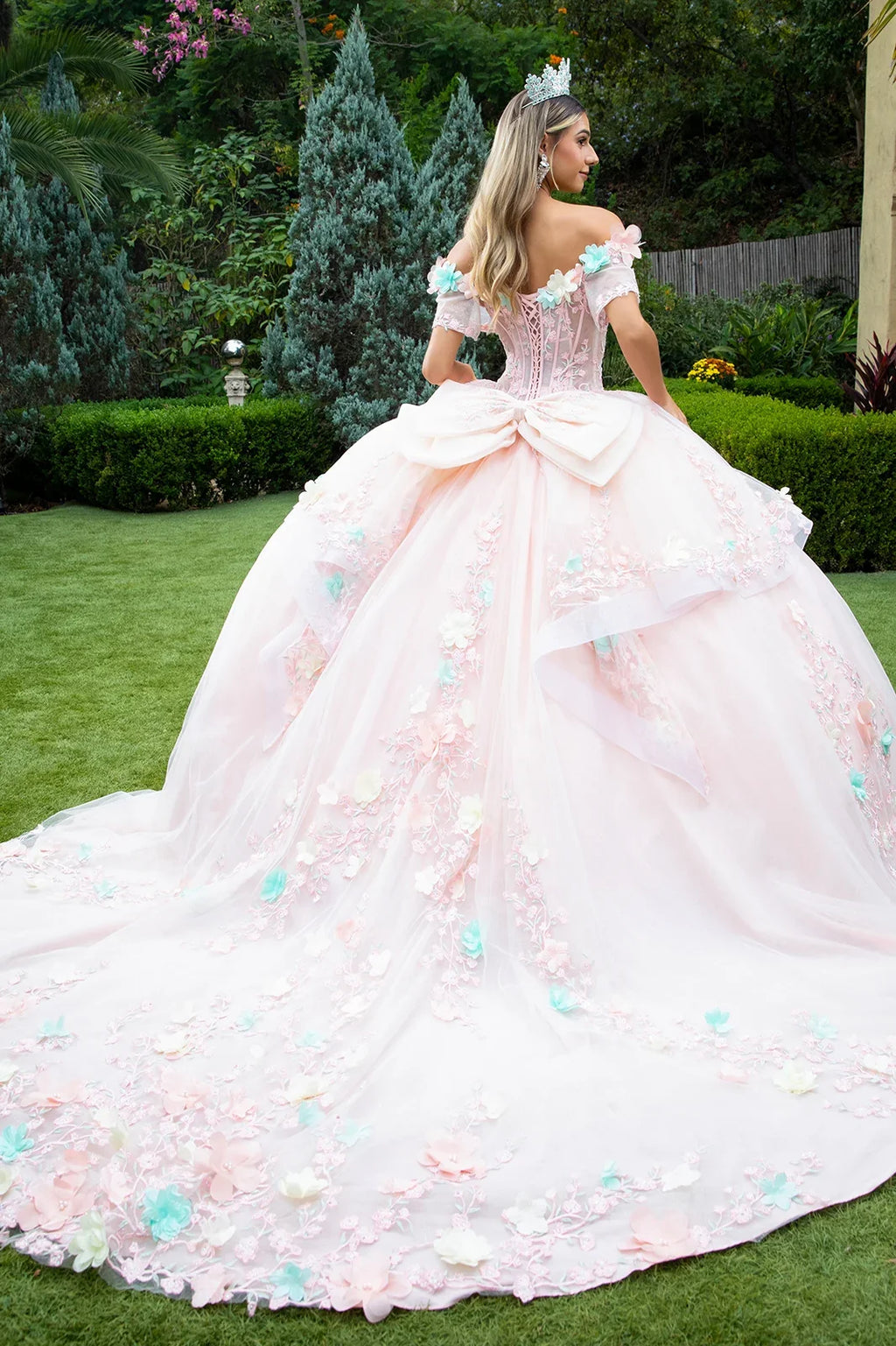 3d Flower Applique Embellished Train Dress With Waist Ruffle Detachable Back Bow-1