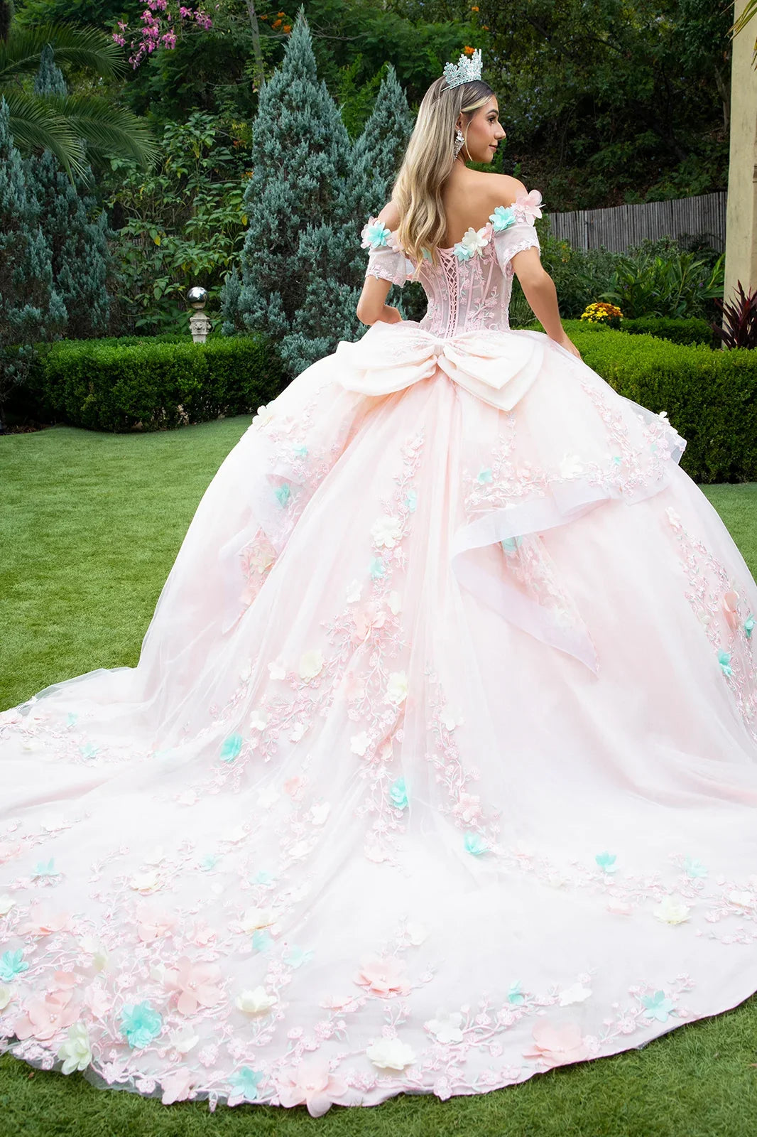 3d Flower Applique Embellished Train Dress With Waist Ruffle Detachable Back Bow-1