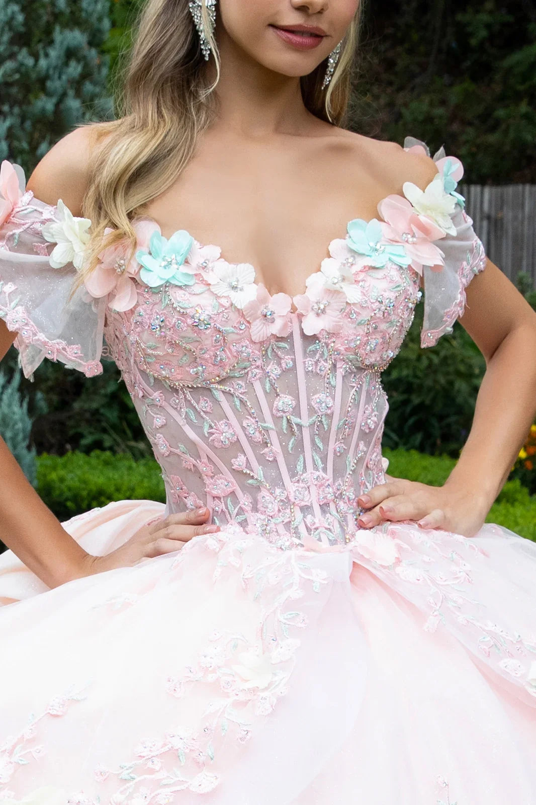 3d Flower Applique Embellished Train Dress With Waist Ruffle Detachable Back Bow-2