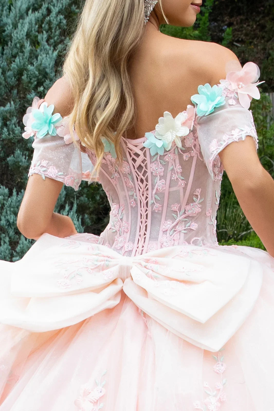 3d Flower Applique Embellished Train Dress With Waist Ruffle Detachable Back Bow-3