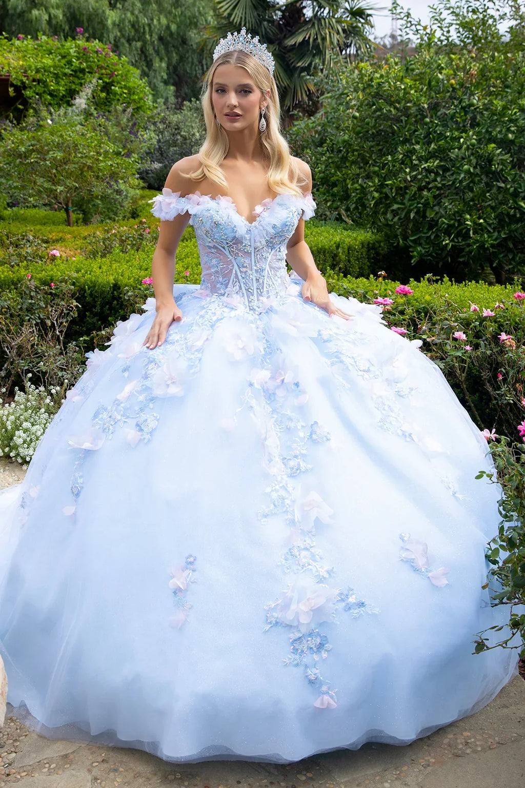 3d Organza Flower Applique Embellished Double Off Shoulder Strap Corset With Detachable Back Bow-0