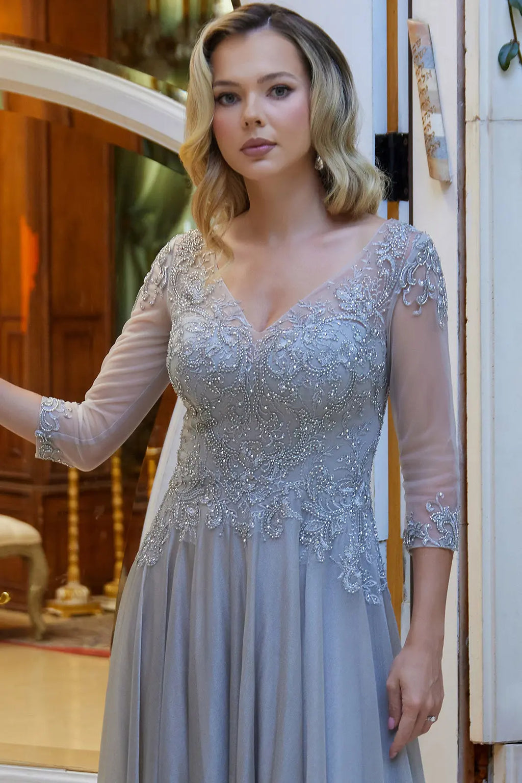 Embellished 3 4 Sleeve Illusion V Neck Mesh Bodice With Metallic Skirt Dress-2