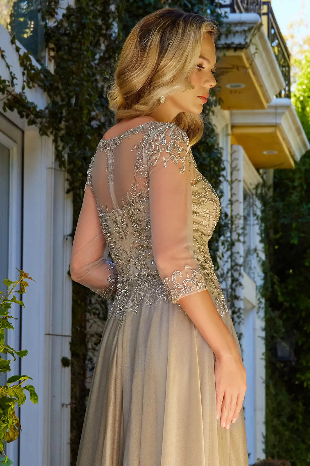 Embellished 3 4 Sleeve Illusion V Neck Mesh Bodice With Metallic Skirt Dress-3