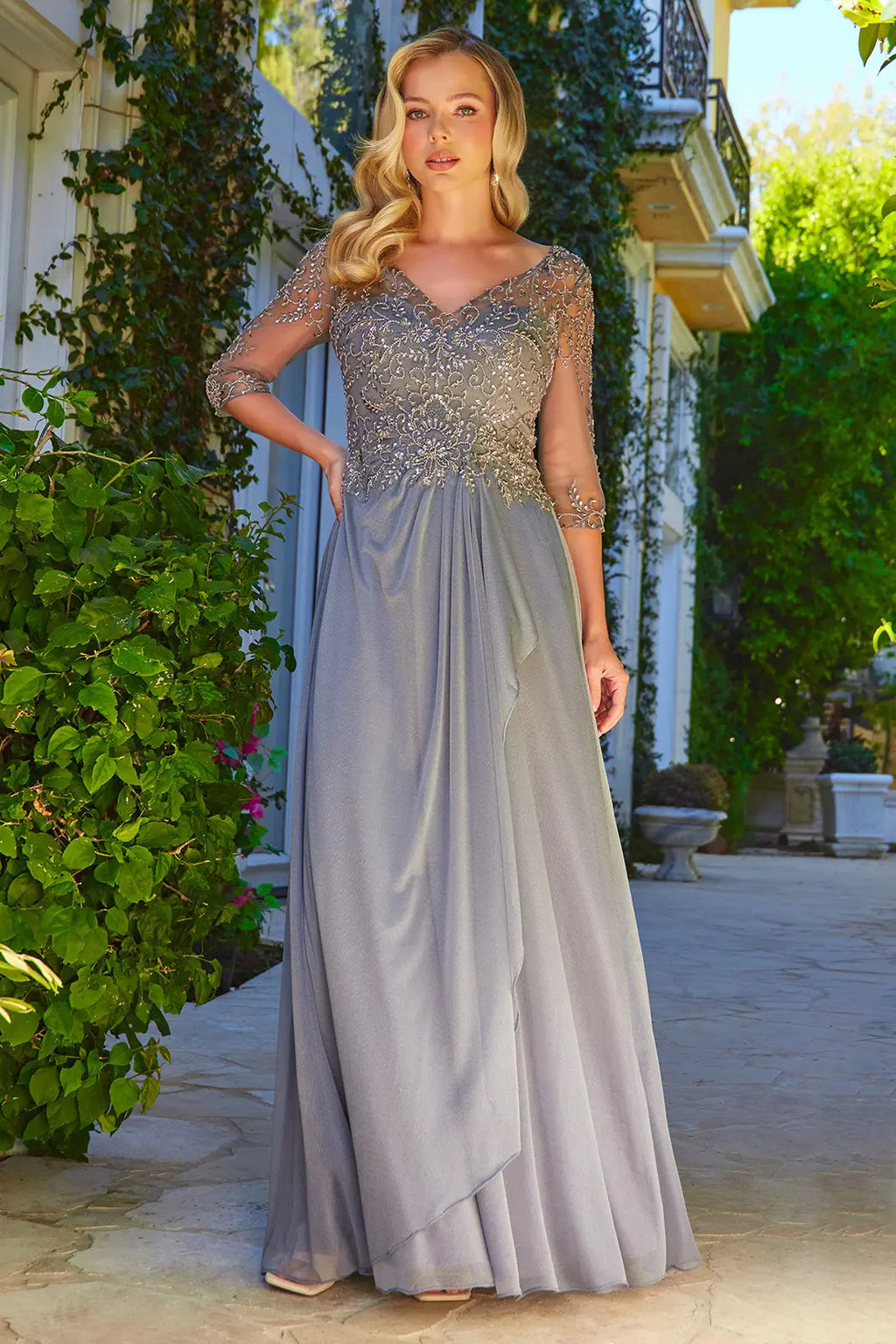 Embellished 3 4 Sleeve Illusion V Neck Mesh Bodice Metallic Skirt With Cascading Ruffle Detail Dress-4
