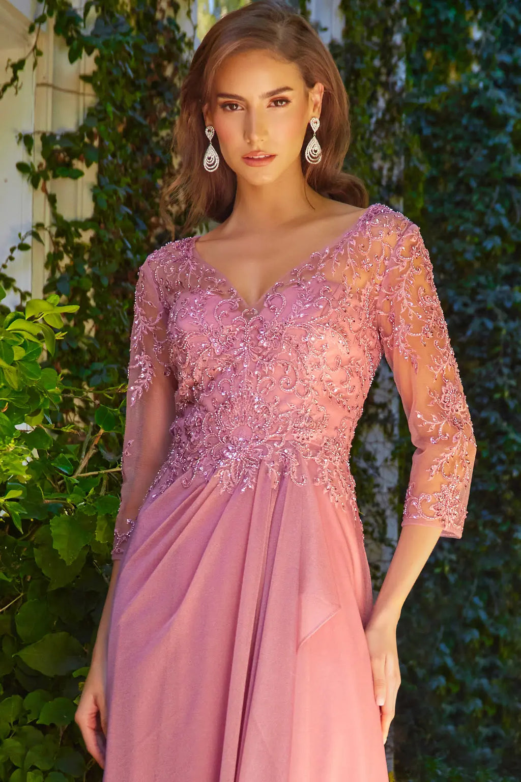 Embellished 3 4 Sleeve Illusion V Neck Mesh Bodice Metallic Skirt With Cascading Ruffle Detail Dress-2
