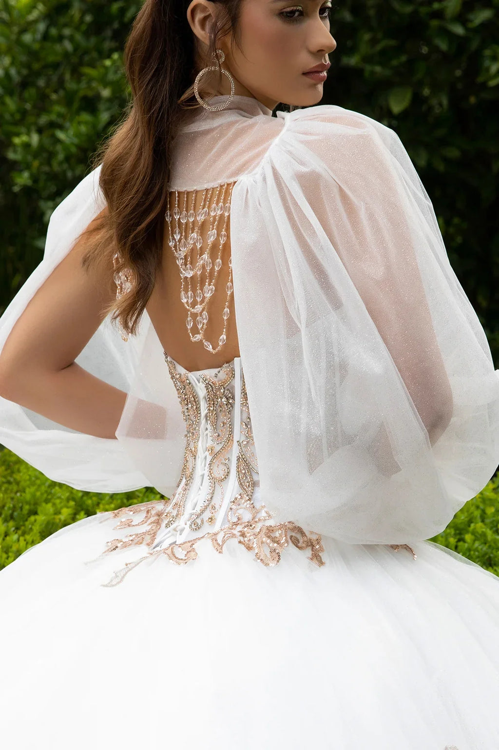 Embellished Scallop Edge Corset With Matching Dangling Loop Bead Fringe Slit Bishop Sleeve Bolero-3