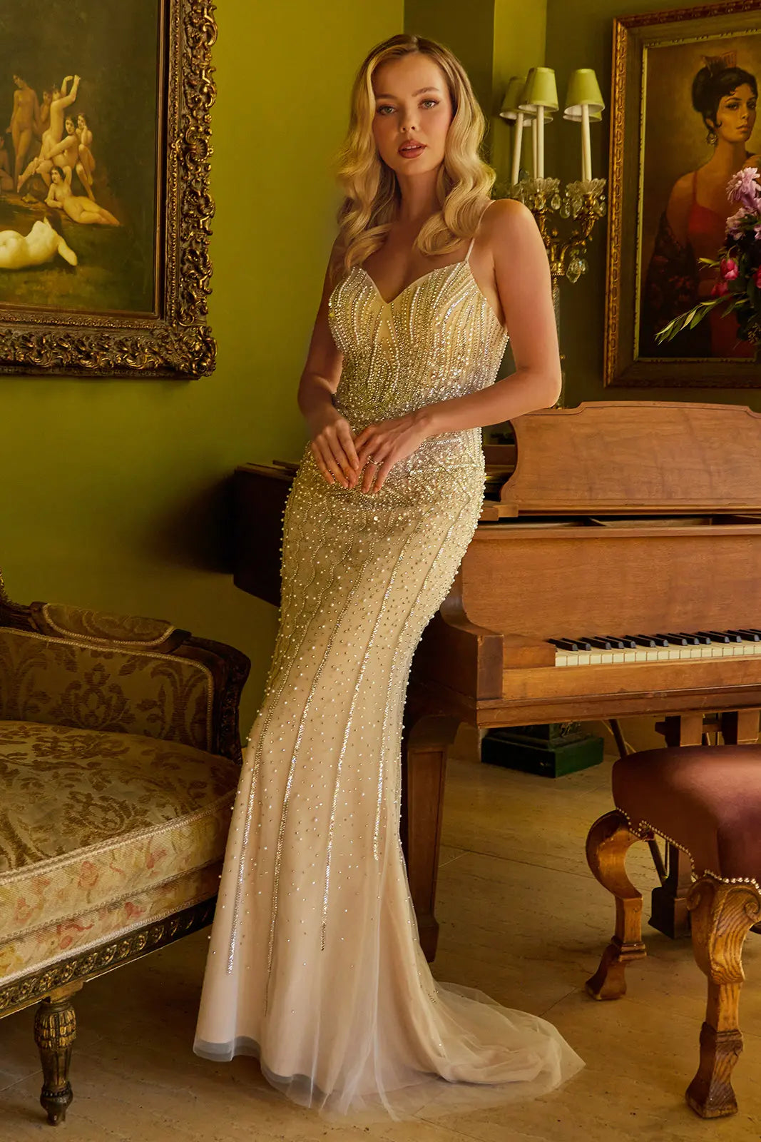 Jewel Bead Sequin Embellished V Neck Spaghetti Strap Corset Dress-0