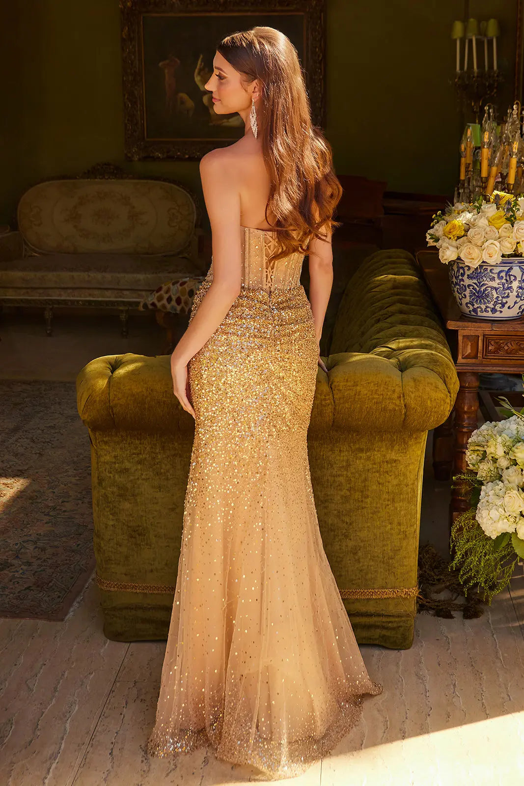 Embellished Strapless Lace Up Back Corset Ruched Detail Skirt With Slit Dress-1