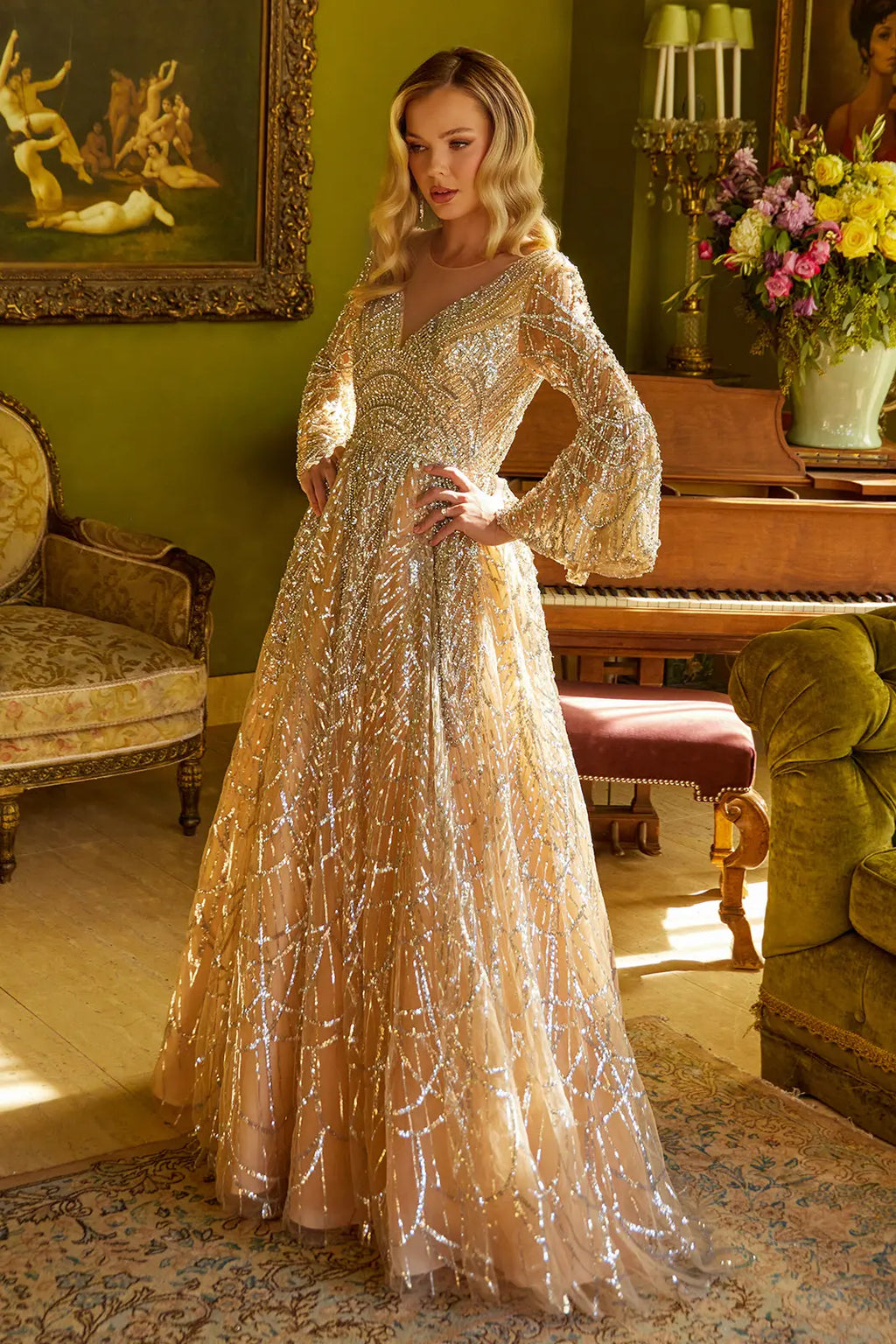 Embellished Illusion V Neck Dress With Bell Sleeve-0