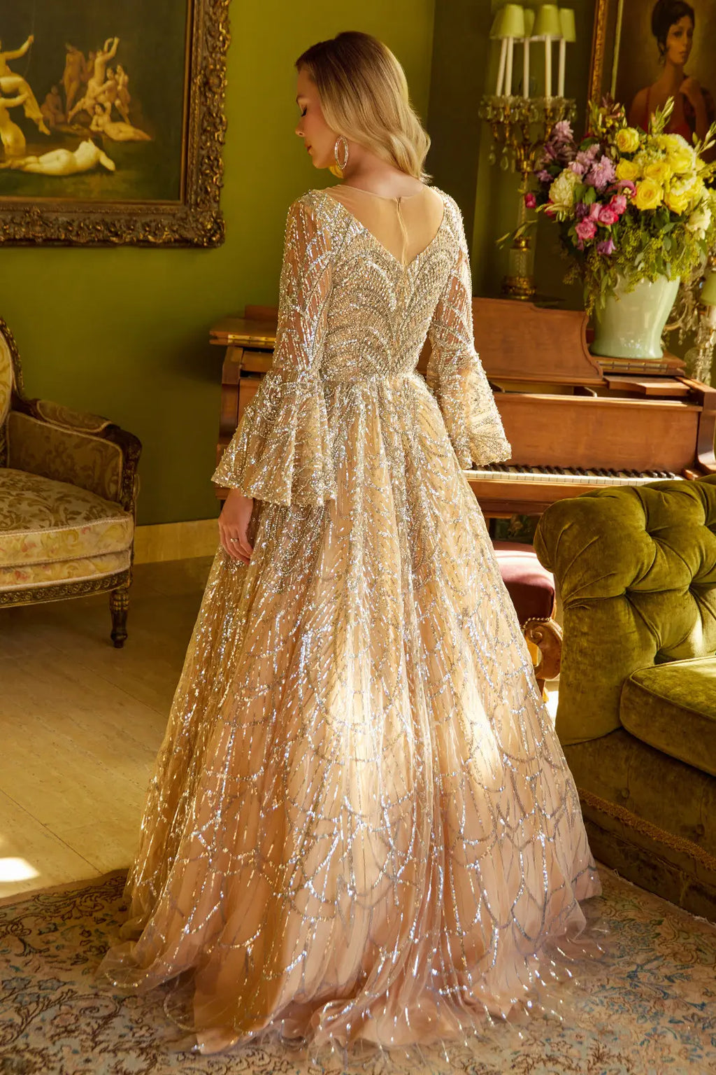 Embellished Illusion V Neck Dress With Bell Sleeve-1