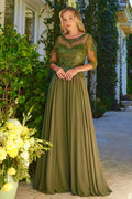Bead Sequin Embellished 1 2 Sleeve Mesh Bodice With Chiffon Skirt-0